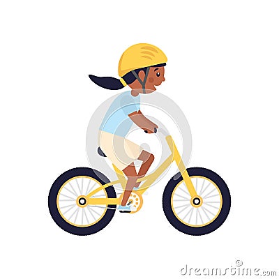 Cute happy American girl with yellow helmet riding bicycle. Cartoon Illustration